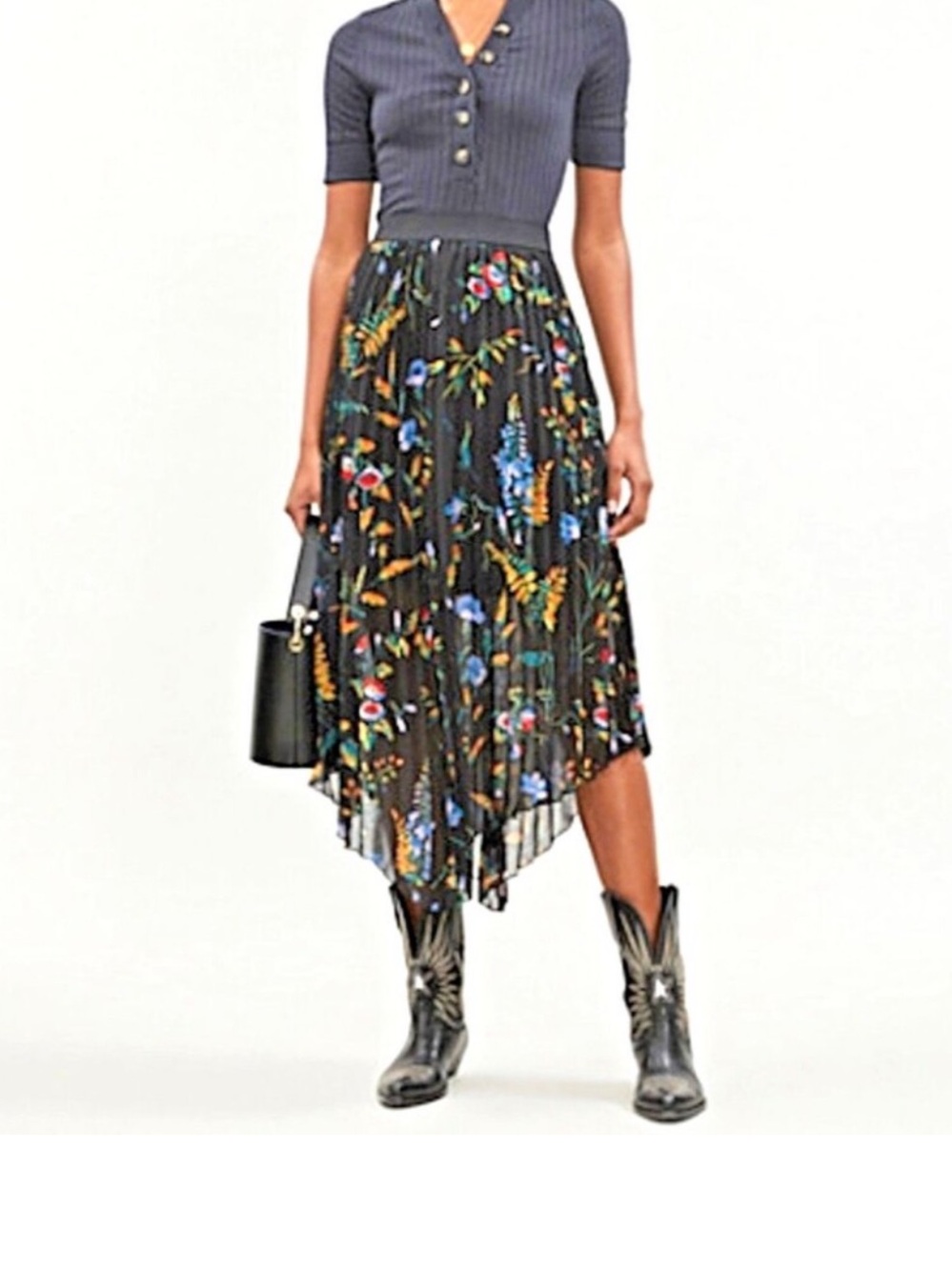 Maje Jeudi Plisse Pleated Floral Print Maxi Skirt Size 1 Small